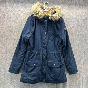 Hollister Jacket Women Large Ladies Blue Navy Hooded Faux Fur Lined Grop Core